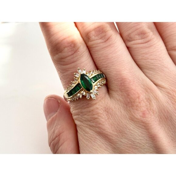Green Emerald & CZ Wavy Vintage Sterling Silver Gold T Vermeil Ring - sz 10.25 - Picture 9 of 10
